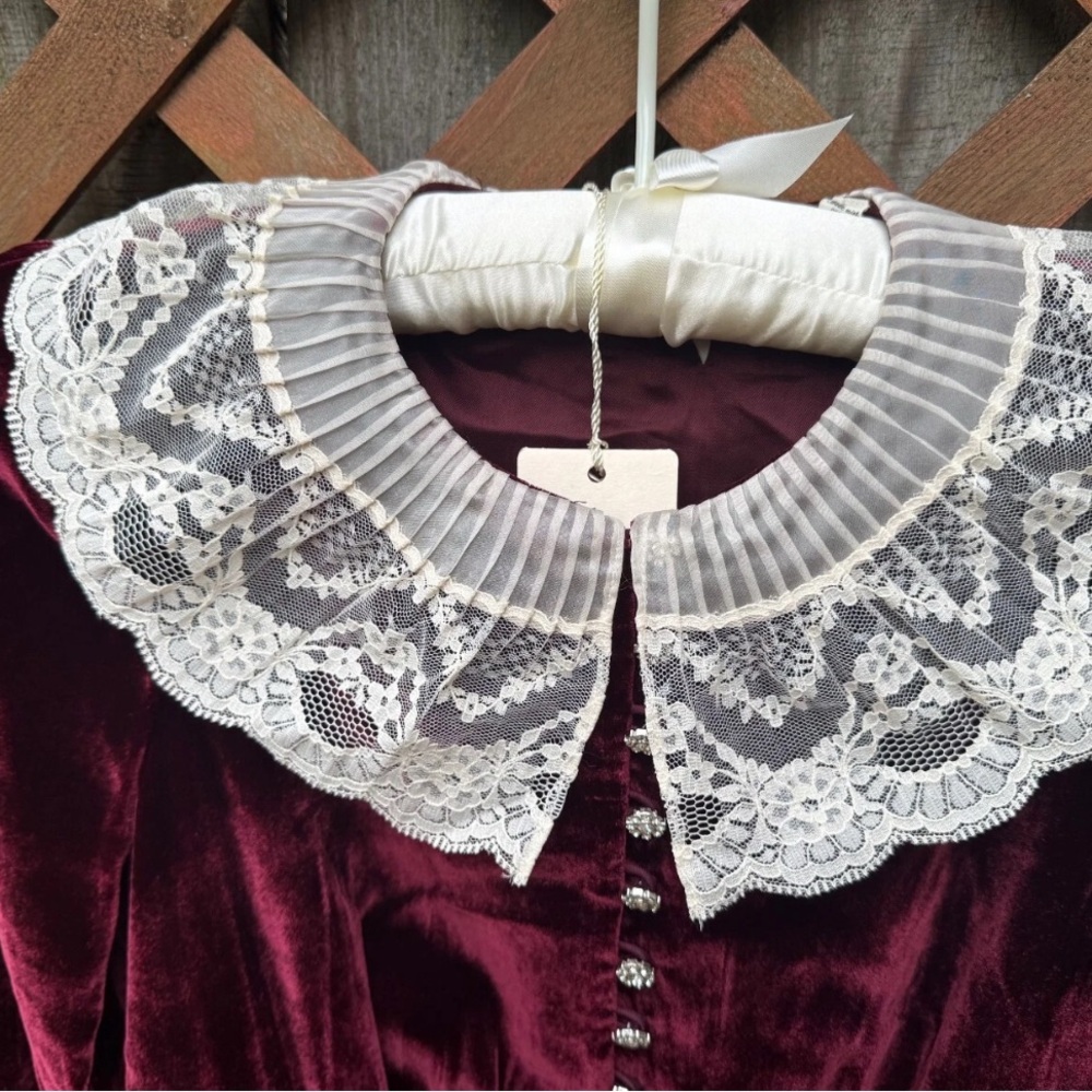 Velvet Lace-Collar Mini Dress in Burgundy - Picture 2 of 6